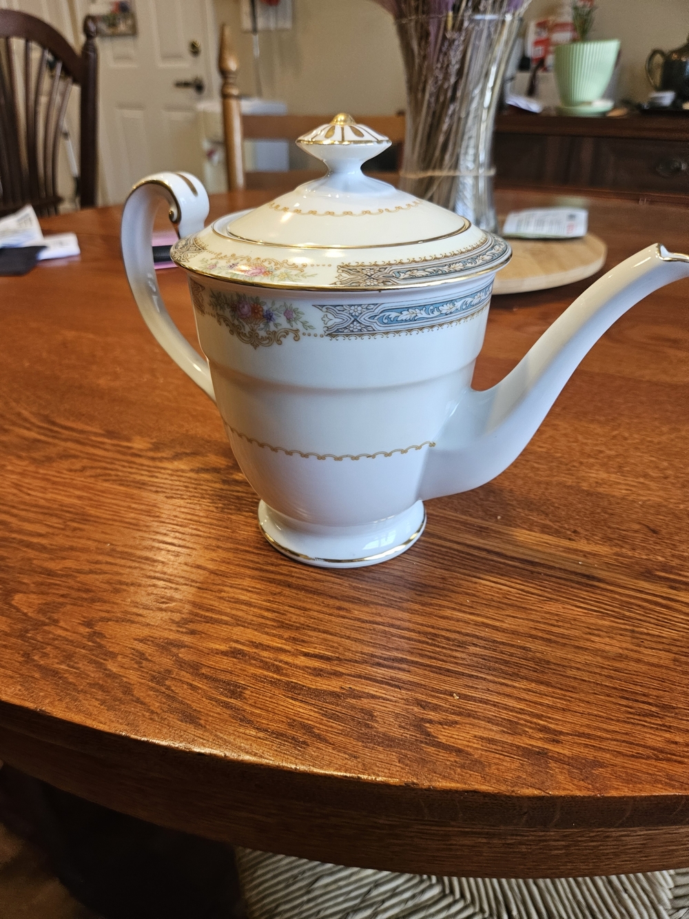 Elegant Rose China White Porcelain Teapot with Gold Trim and Floral Band